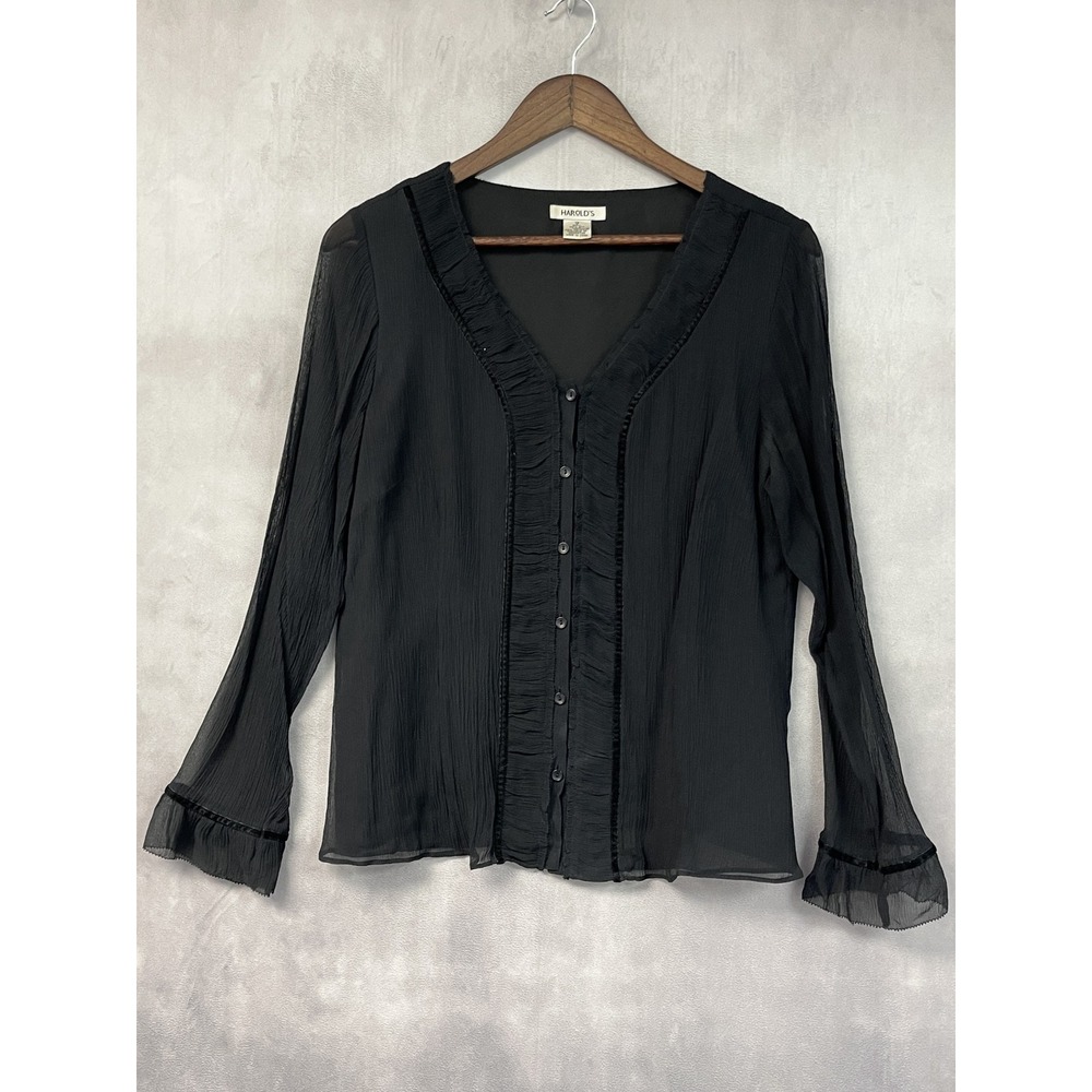 Harolds Women Silk Top Blouse Size 12 Ruffle Sheer Whimsigoth Romantic Witchy